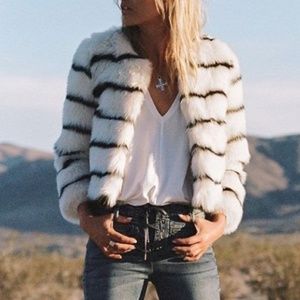 NWT AMUSE SOCIETY Tahlia Faux Fur Cropped Jacket- White with Black StripesSize S